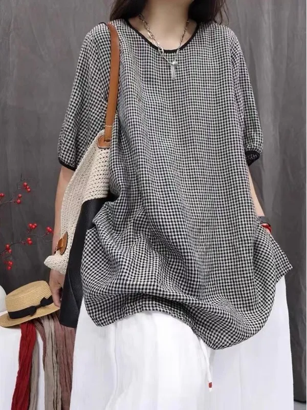 

Retro Artistic Cotton Linen ort Sve T-irt Women's Casual round Ne Slimming Overhead irt Summer 2025 Loose Fit