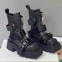 New Fashion Women Motorcycle Boots Genuine Leather Thick Sole Zipper Belt Buckle Ankle Boots Street Modern Shoes Modern Shoes