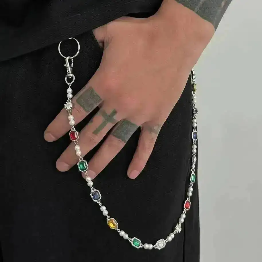 Salircon Neue HipHop Luxus Imitationsperlen Schlüsselanhänger Gürtelkette Herren Kreative Punk Hosen-Jeans-Kette Schmuck-Accessoire