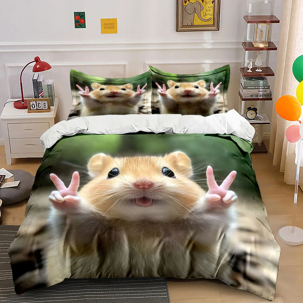 Adorable hamster making V-sign Print Bedding Set 1 Duvet Cover 2 Pillowcases for Adult and Children Luxury Gift Full Size