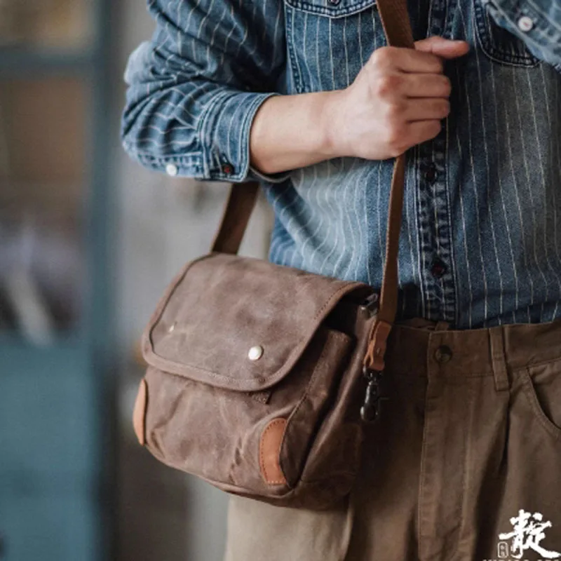 AETOO Retro oil wax waterproof canvas messenger bag, Amei Kaki distressed workwear single-shoulder bag, commuter crossbody bag image 4