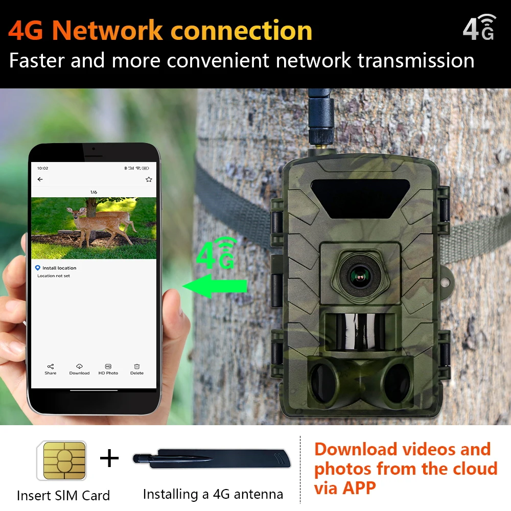 Hunting Trail Camera 4G Sim 60MP 1296P Night Vision Wildlife Camera Motion Activated Outdoor Trail Cam Trigger Wildlife Scouting