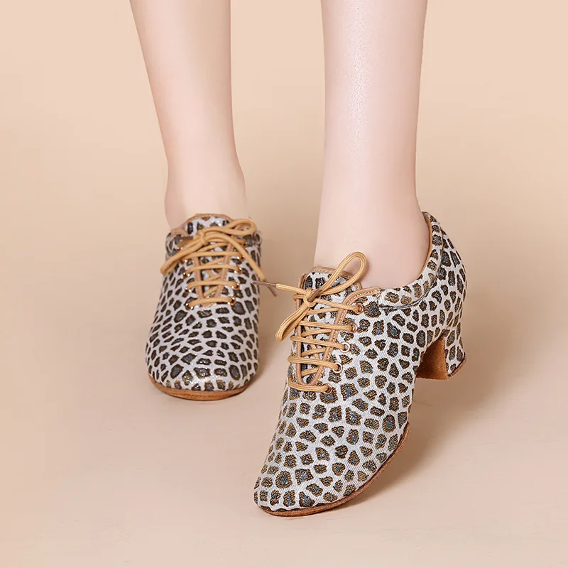 

Latin Dance Shoes Female Adult High-heeled Square Social Dance Shoes Indoor Sports Breathable Shoes Cloth Leopard Print