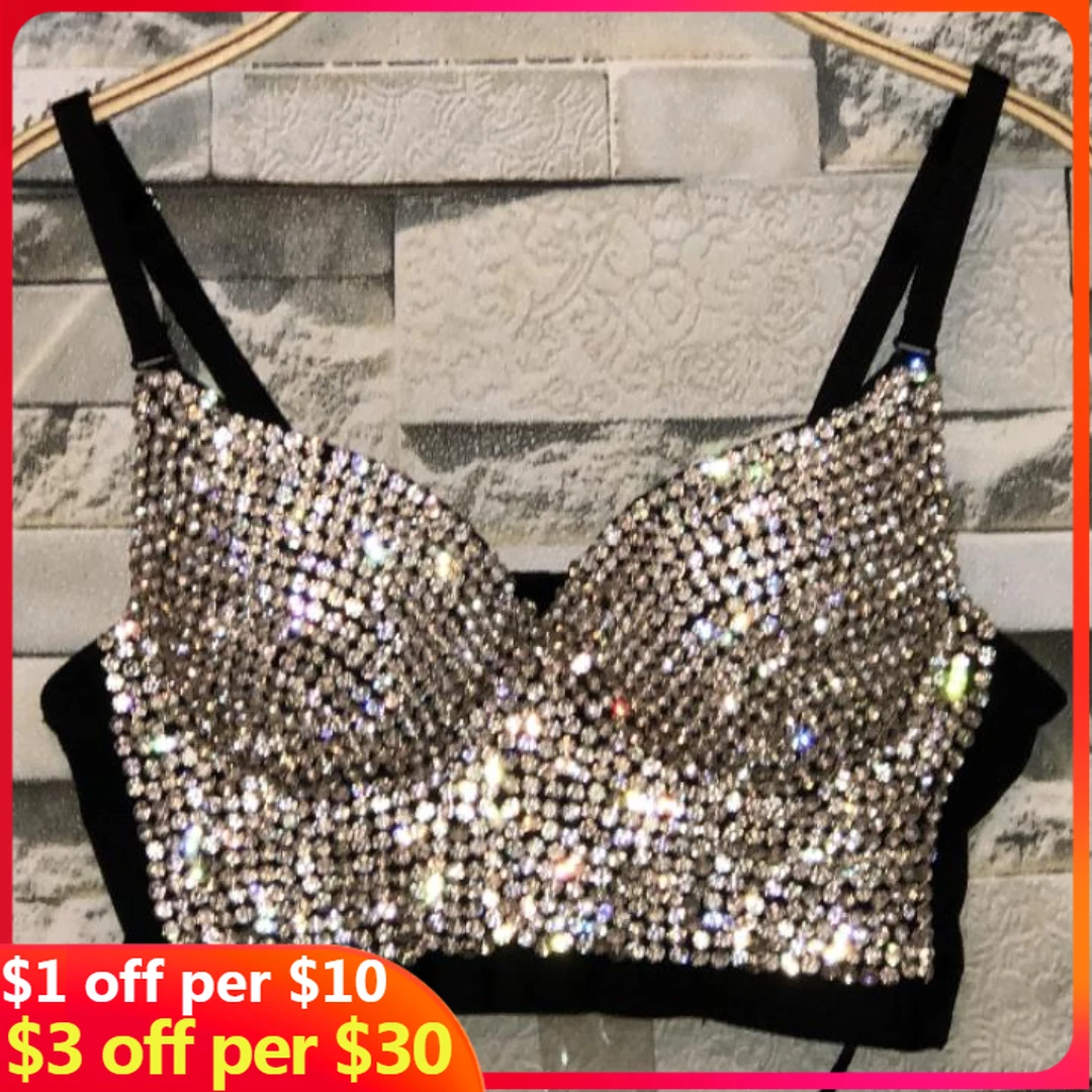 

Plus Size High quality Hand-made Pearls Jewel Diamond beading Women's Sexy Bustier Bra Cropped sling Top Vest Bra bling