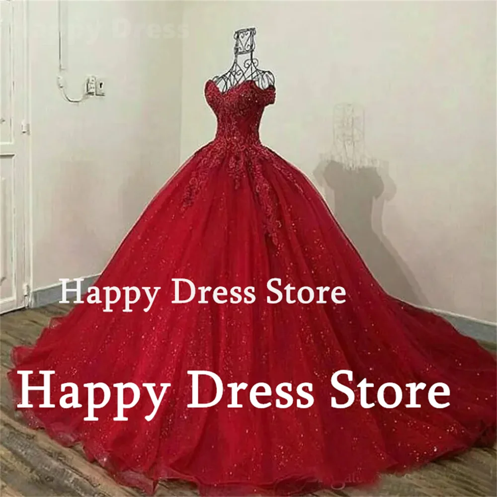 New Red Weeding Dress Shiny Prom Dress Sweethear Neck Princess Quinceanera Ball Gown Tulle Lace Appliques A-Line Bridal Dress