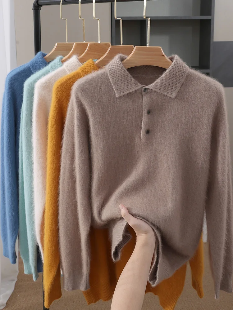 Winter Mens Long Sleeve Button Knit Pullover Sweater Mink cashmere Casual Polo collar Pullover Autumn Classic Warm HeavyWeight
