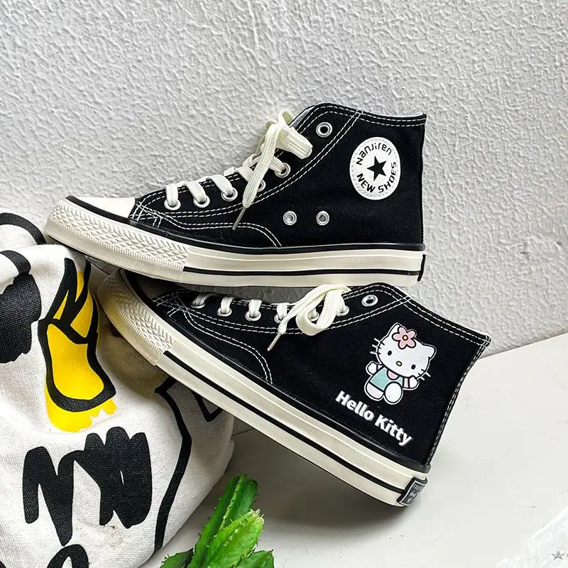 High Top Canvas Shoes Hello Kitty Kawaii Student Cartoon Graffiti Flat Follow Sneakers College Versatile Fashion Clothes Gifts