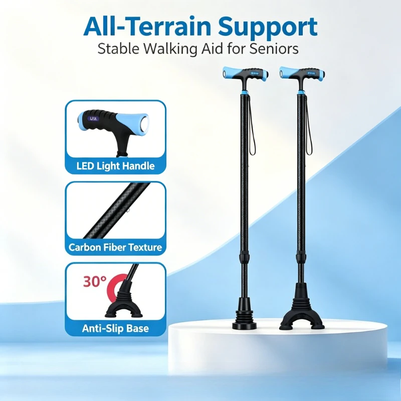 Medical Lightweight Stable Four Legged Cane for Elderly Non Slip Rubber Base High Load Bearing Walking Stick Mobility Aid
