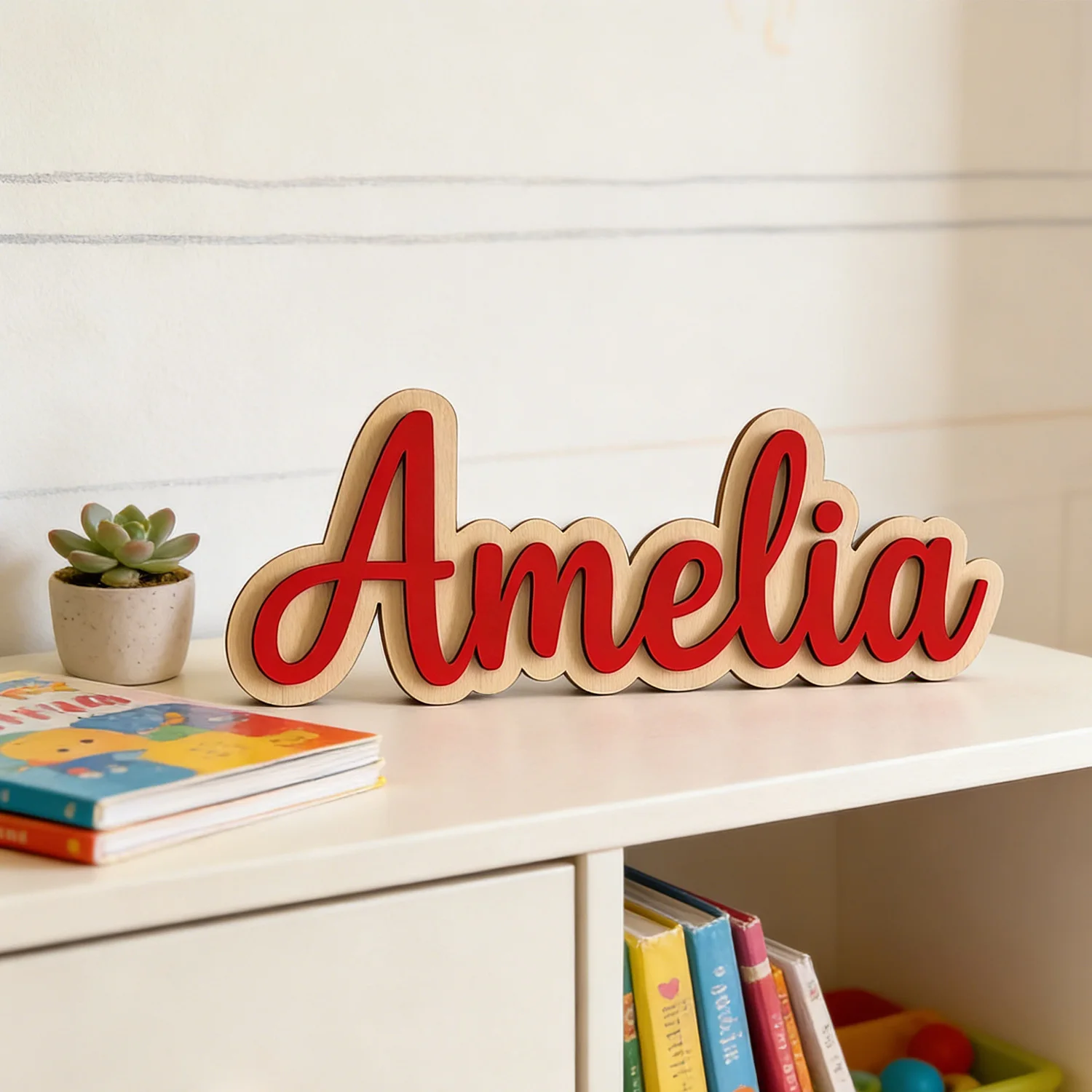 1pc Customized Double-layer Wooden Surname Brand, Customized Gift, Children's Room Decoration, Baby Name Identification view 4