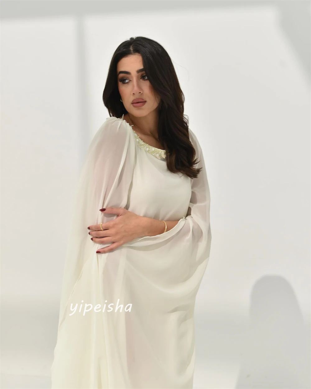 Jiayigong Sparkle Prachtige Eenvoudige Moderne Stijl Formele Avond Vierkante Kraag A-lijn Kralen Enkellange Chiffon Jurken