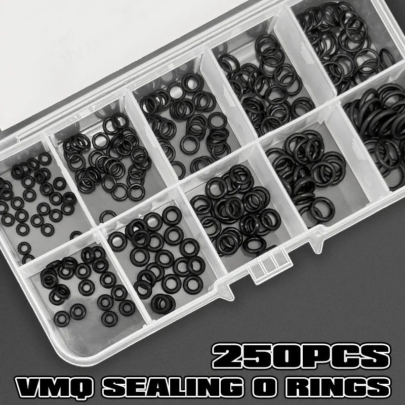 250PCS Black VMQ Silicone O-Ring Repair Kit CS1/1.5mm Oil Resistant Sealing Washers Faucet Household Plumbing Gasket Set