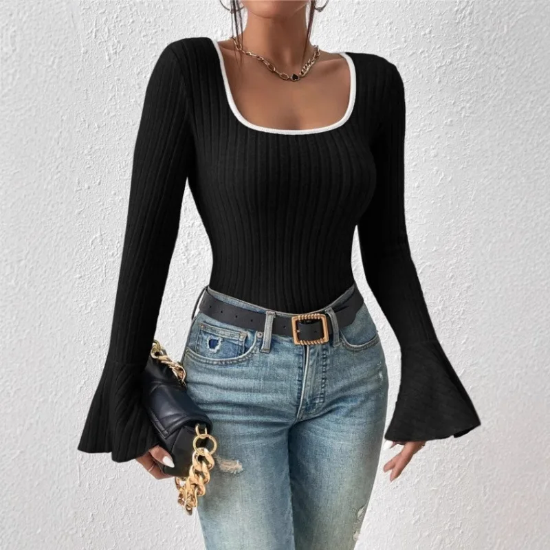 2026 Women Contrast Trim Square Neck Long Sleeve Top, Ribbed Flare Cuff Slim Fit Basic Tee, Casual Y2K Skinny Knit Blouse