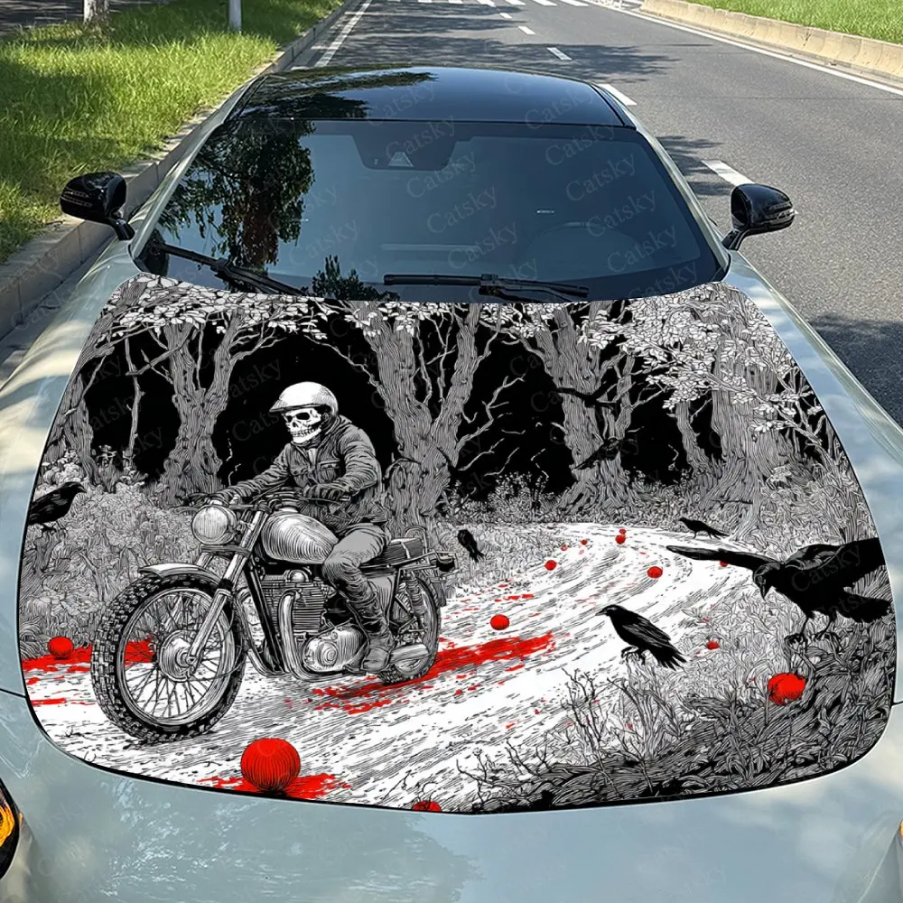 Skeleton Riders And Motorcycles Car Hood Wrap Colorful Vinyl Waterproof Sticker For Trucks, Decorative Bonnet Graphics High Qual