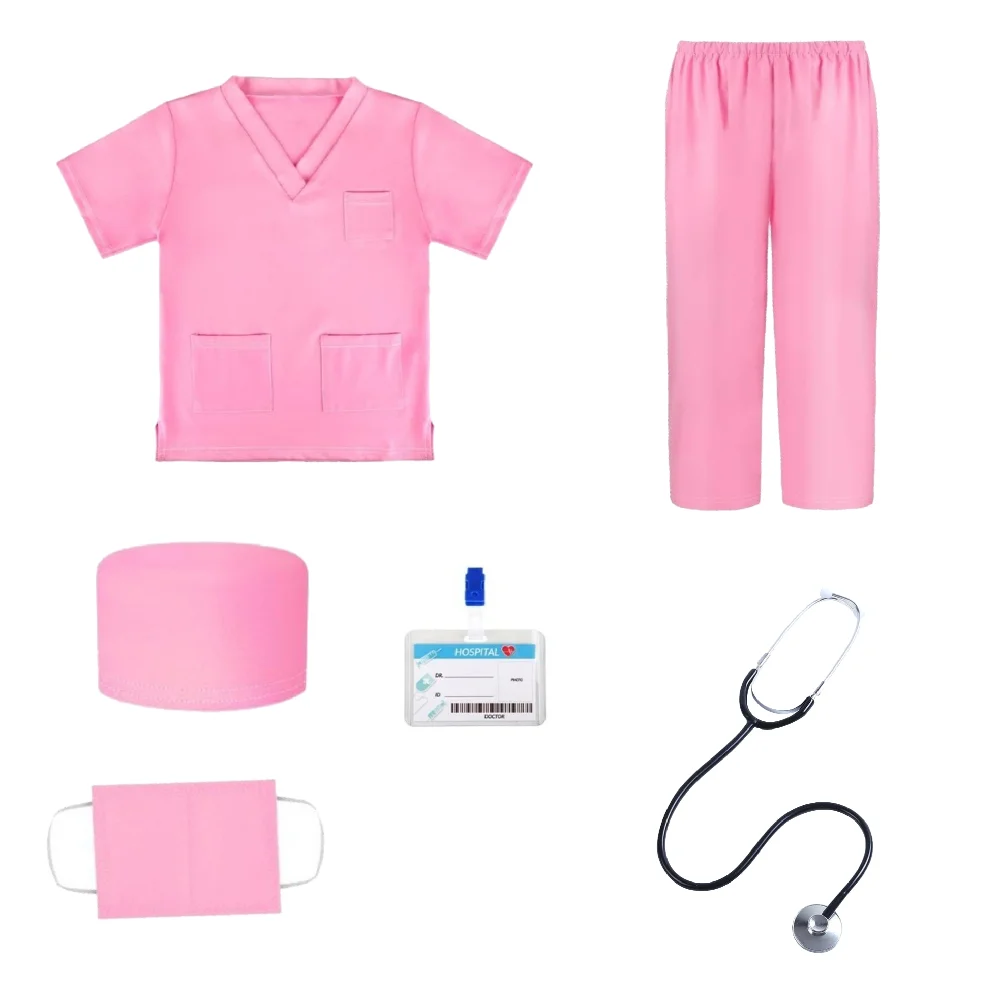 6PCS Children's Doctor Nurse Cosplay Costume Set Shirt Pants Medical Accessories with Real Stethoscope for Halloween Role Play