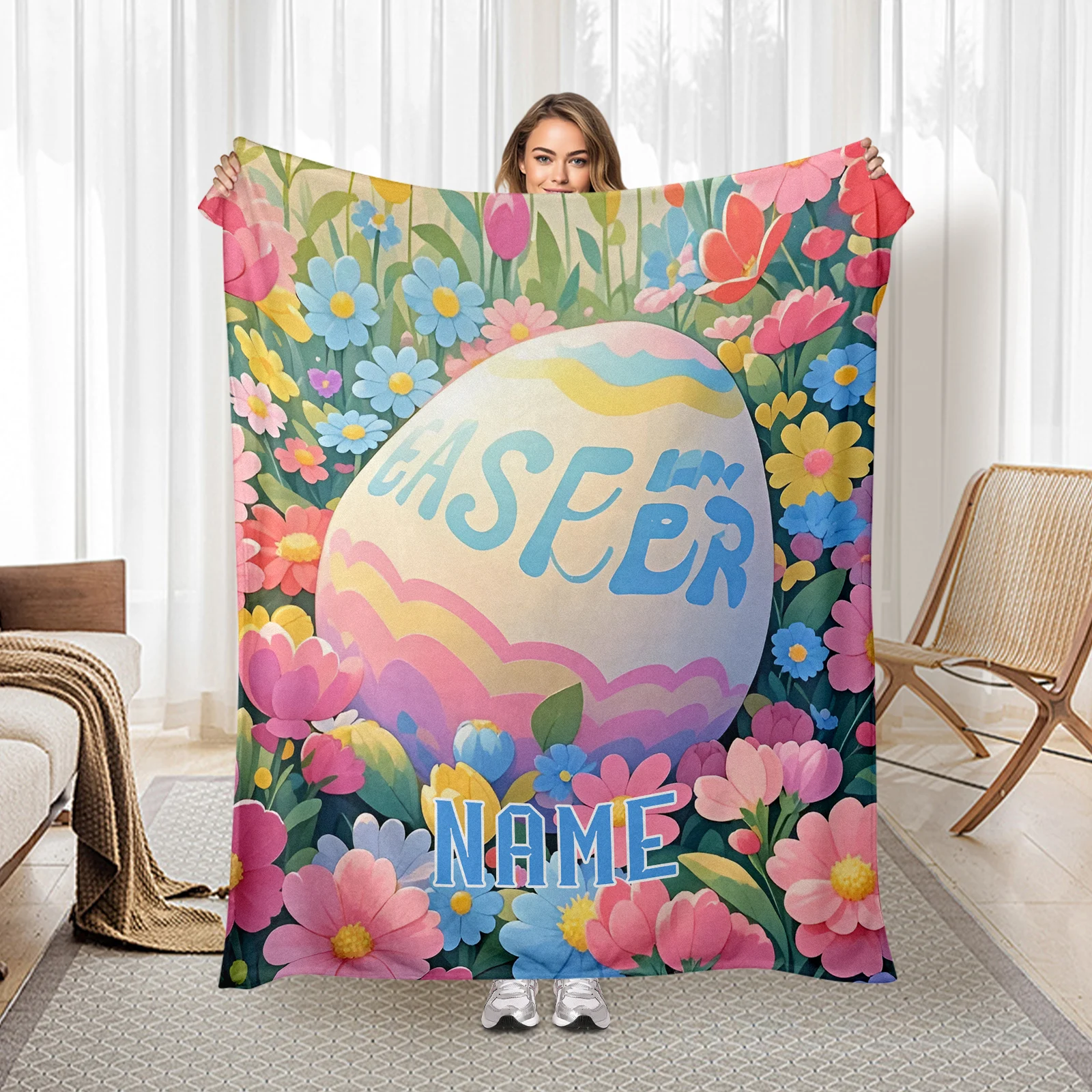 

Easter Exclusive Flannel Blanket Featuring Eggs And Flowers With One Personalized Text For Family And Friends