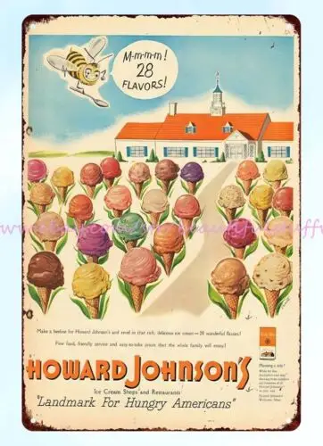 tin sign 1950s Howard Johnson's ice cream shops restaurants landmark for hungry