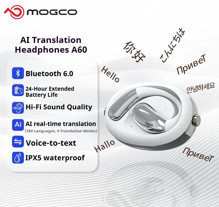 Écouteurs A60 pour traducteur professionnel, casque AI en temps réel, 164 langues, Bluetooth 6.0, sans fil, pour réunions, appels HD