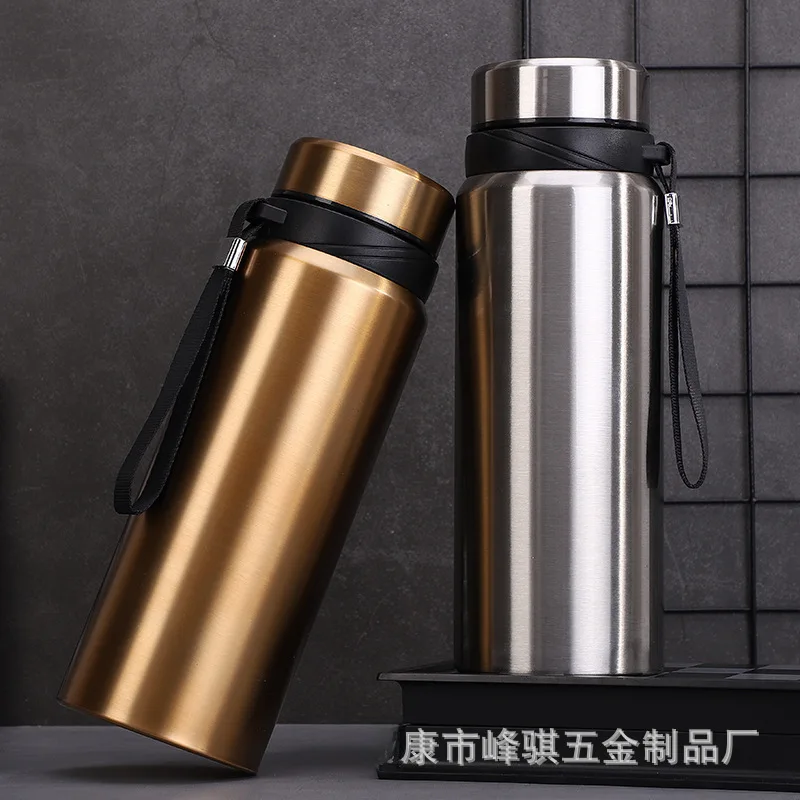 304 Stainless Steel Thermos Cup Sling Portable Outdoor Water Cup Large Capacity Sports Kettle Gift Laser logo Flat water bottle