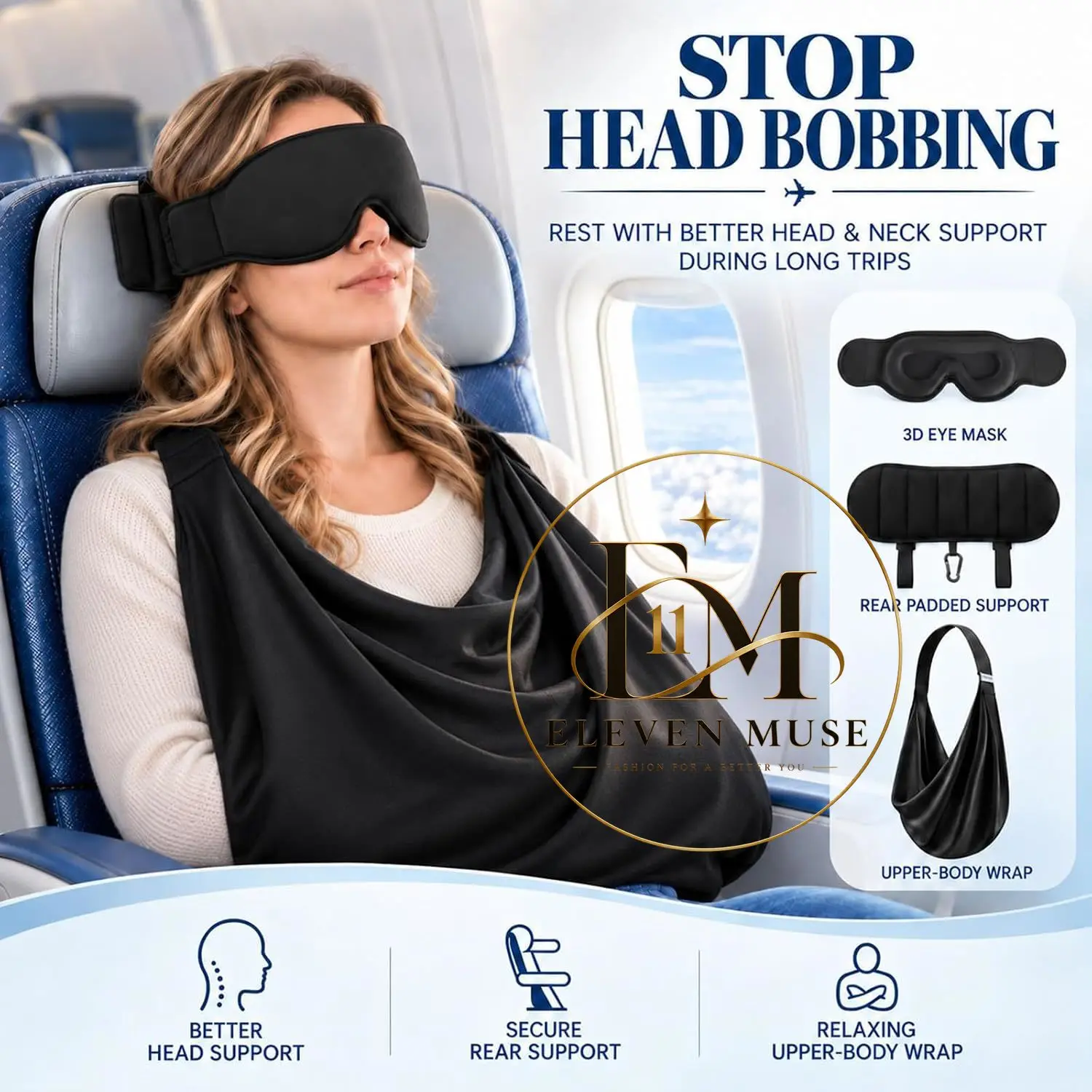 Travel Pillow with Eye Mask, 3-in-1 Airplane Sleep Support System with Memory Foam Neck Support,Portable Sleeper Hold