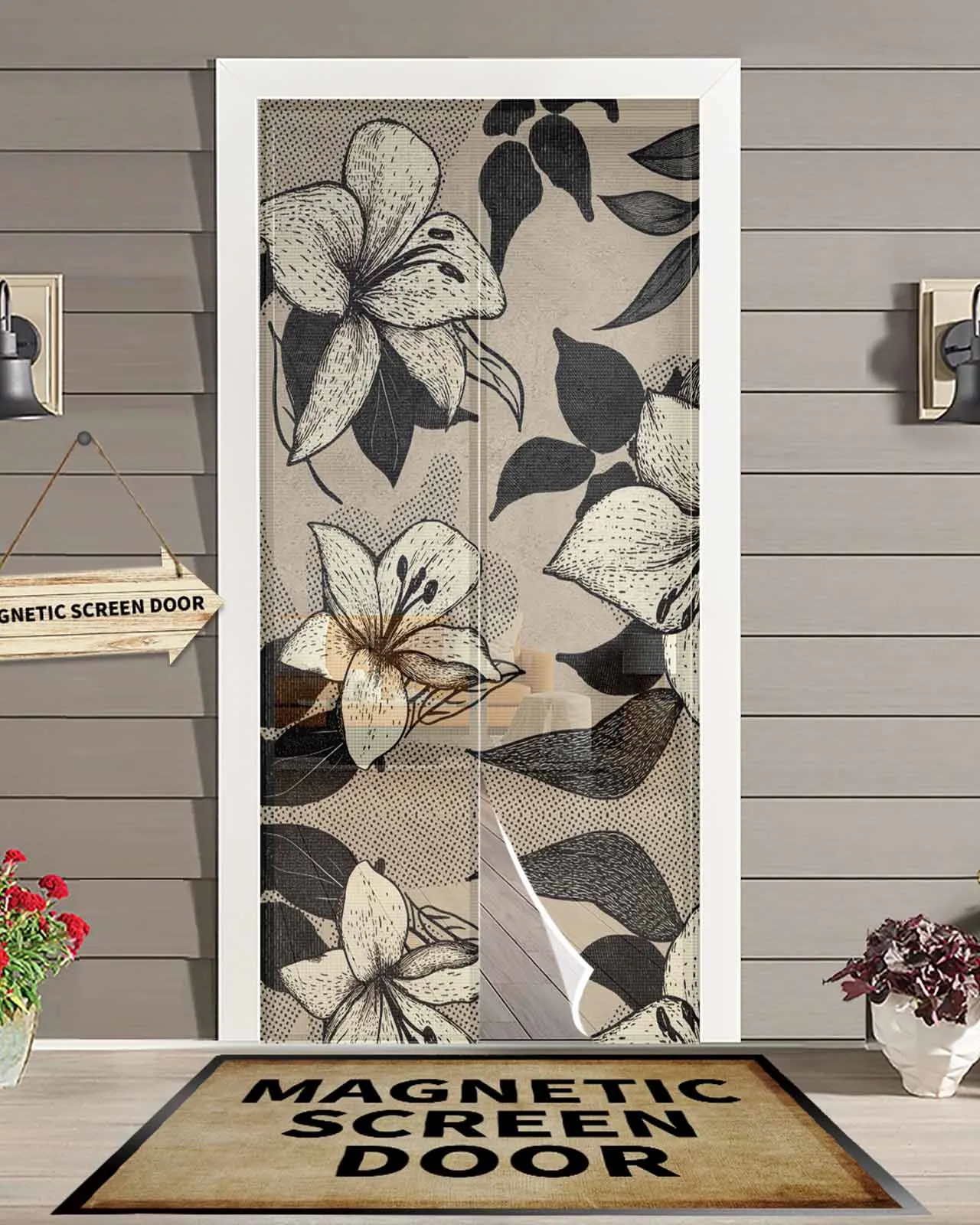 

Vintage Khaki Simple Flowers Magnetic Door Curtain Living Room Bedroom Home Anti-mosquito Screen Door Curtain