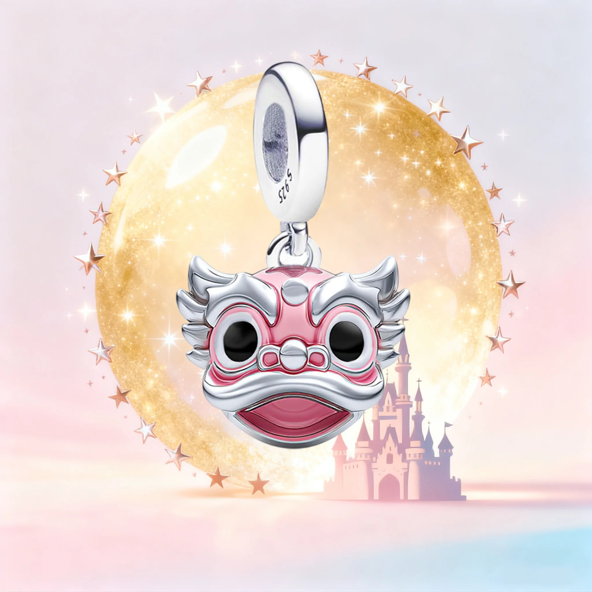 

S925 Silver Disney Pink Lion Dance Dangle Charm, Chinese Cultural Cartoon Pendant for Bracelet, Jewelry Accessory for Women Gift