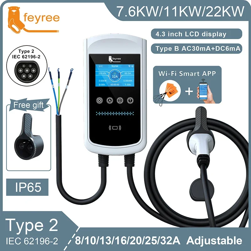 feyree Type2 EV Charger 32A 7.6KW Charging Station Car Charger 11KW 22KW 3Phase EVSE Wallbox 4.3inch Screen Smart APP Control