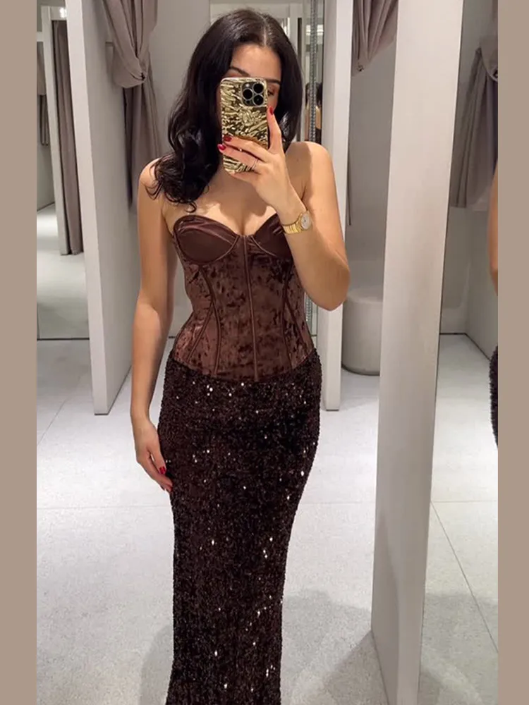 Falda larga elegante con lentejuelas para mujer, faldas largas con abertura ajustada de cintura alta y brillo liso a la moda de lujo, vestido de fiesta de Navidad para mujer 2025