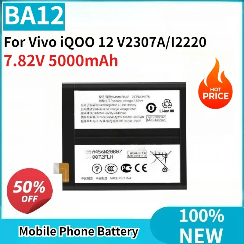 

100% New Replaceable Battery 7.82V 5000mAh BA12 for Vivo IQOO 12 V2307A/I2220 Mobile Phone Battery
