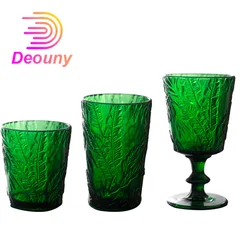 DEOUNY Vintage Embossed Green Glasses Goblet Heavy Thick Dessert Wine Glasses Goblets Stemware Side Water Whiskey Glass Cup