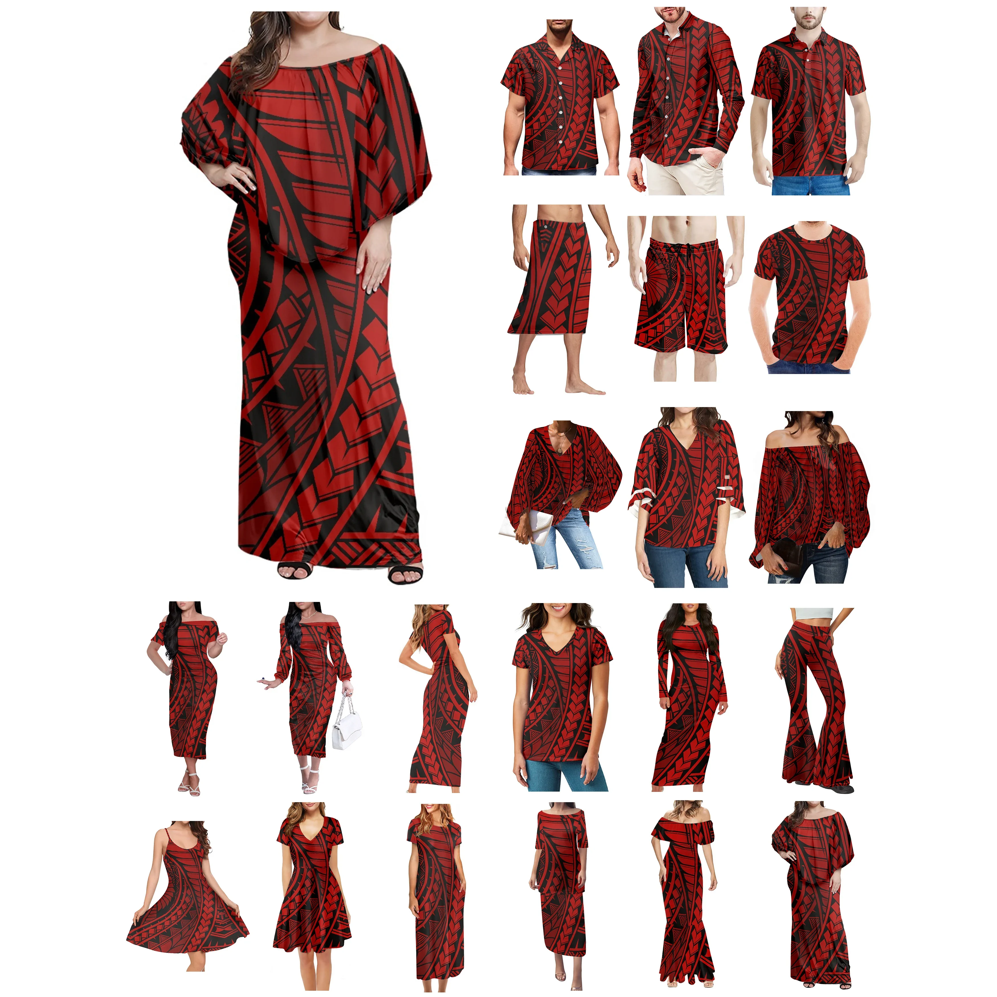 Polynesian Tonga Hawaii Fiji Guam Samoa Pohnpei Tribal Tattoo Prints Clothes Women Dress Matching Men Shirt Red Lovers Clothes