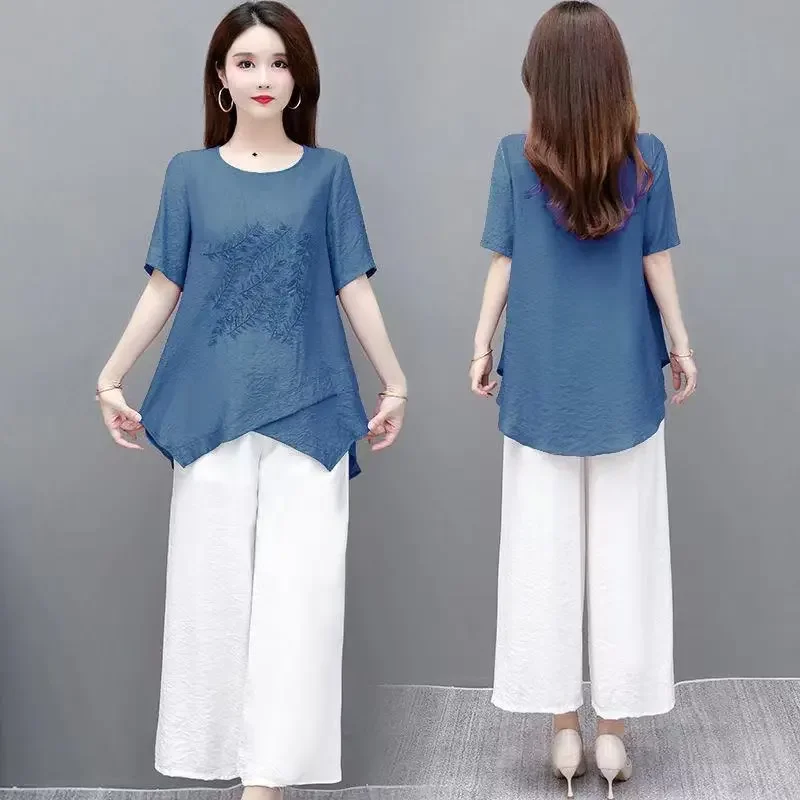 

Women's Summer Loose Casual 2-Piece Set Embroidered T-shirt + Wide Leg Pants Outfit