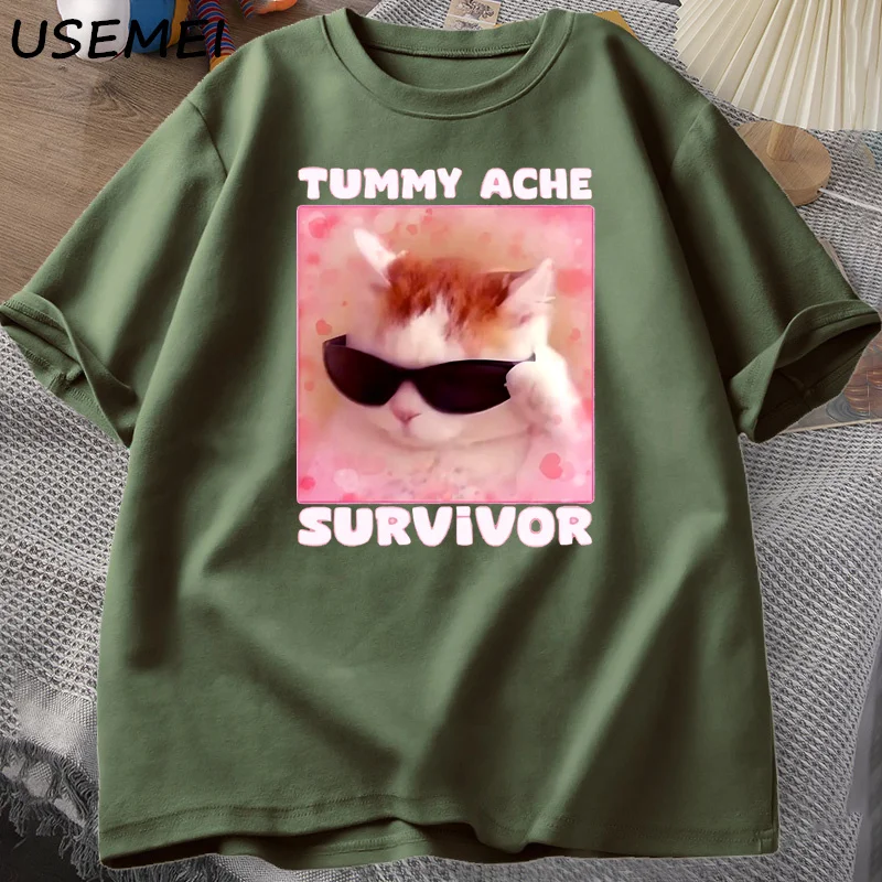 Tummy Ache Survivor Funny Cat Meme T-shirt Men Women Silly Stupid Cat Tee Shirt Men\'s Short Sleeve T Shirts Cotton Oversized Top