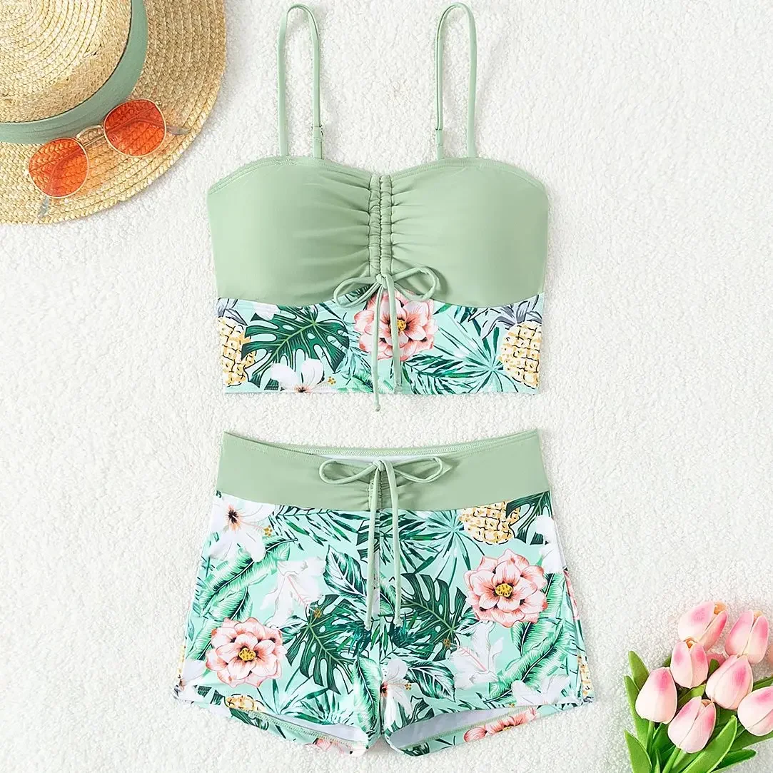 Ensemble Tankini à fleurs imprimées pour femmes, maillot de bain fille, sangle réglable, glaBra, short à fleurs, bikini, string de proximité, ensemble de plage