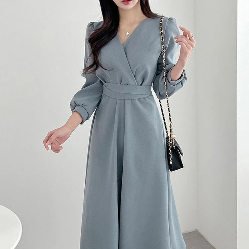 

Luxury A-Line Autumn Vintage High Waist Elegant Party 2022 Woman Dresses Long Sleeve Solid Black Dress Spring Women Vestido Maxi