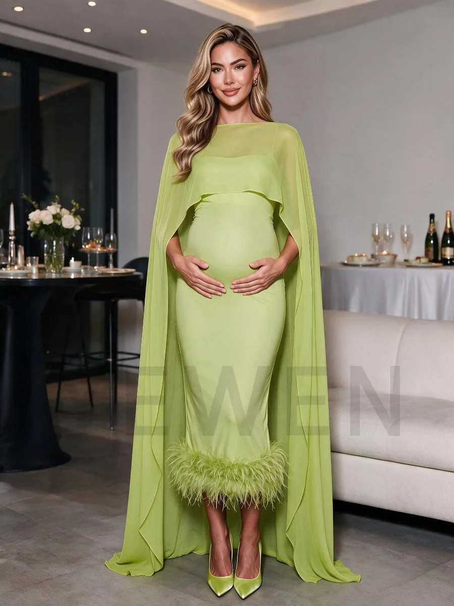 Green Ostrich Feather Hem Maternity Baby Shower Dress with Flowing Cape Pregnancy Dress Photo Shoot YD260835 view 2