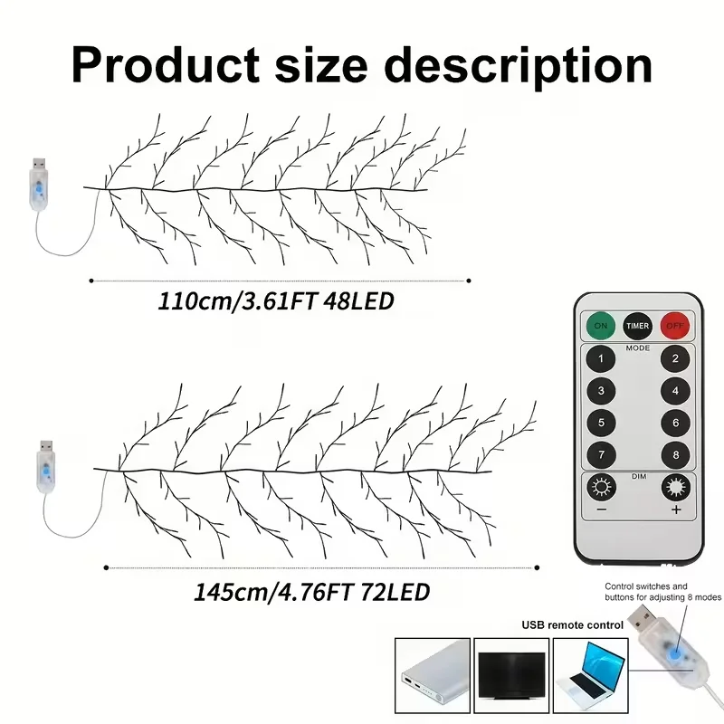USB-Lichterkette mit 8 Modi und Fernbedienung, wasserdichte LED, flexible DIY-Baumzweiglampe, Lichterkette für Zuhause, Wand, Weihnachtsdekoration – Detail 11