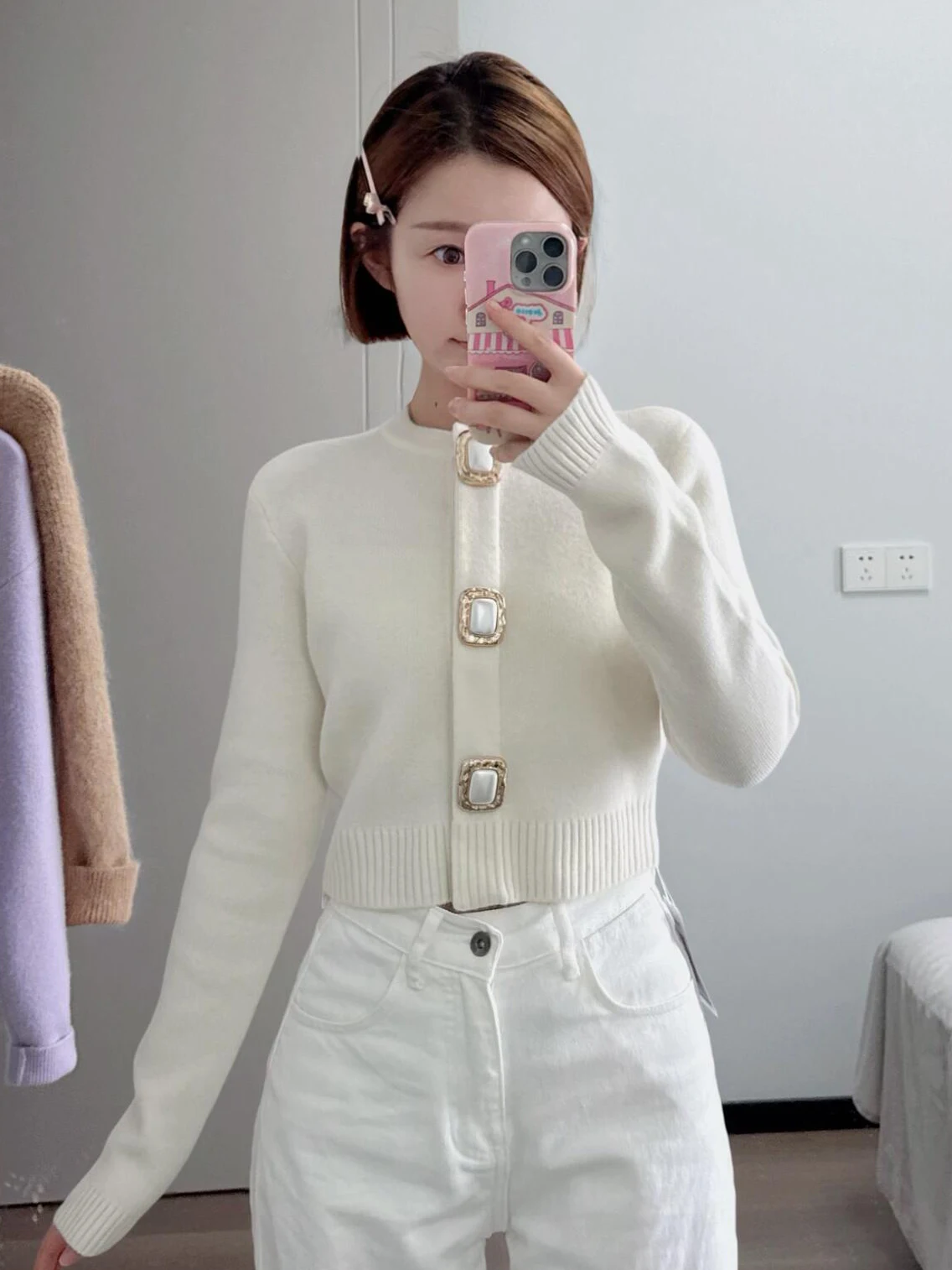 

Cisas ort Knitted Cardigan round Ne Open Front Sweater Versatile Simple Design pro Version High Waist Sweet Sle Wom...
