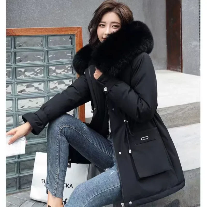 Manteau Parka en Coton pour Femme, Style Simple, Grand Col en Fourrure, Veste Courte Épaissie, Vêtements d'Hiver Noirs