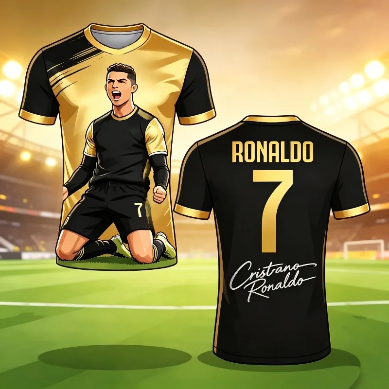 Novidades de Verão #   Camisa de Futebol Edição Fofa 7 Cristiano Ronaldo Preto e Dourado AI Wow para Adultos e Crianças, Camisa Esportiva Grande da Moda