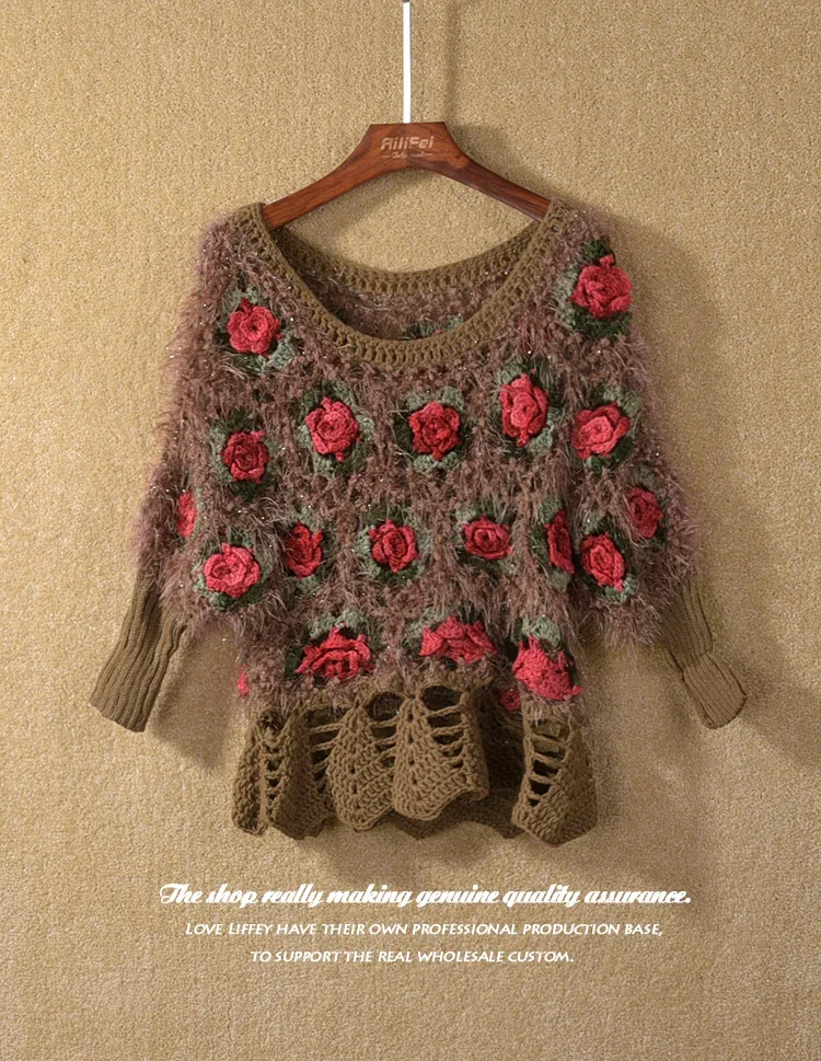 Short Sleeve 3D Rose Flower Mohair Sweaters Women Hollow Out Crocheted Sweaters Lady Short Sleeve Flower Flower Sweater