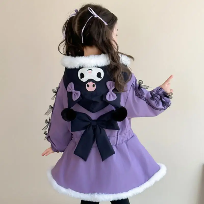 

Girls' Kuromi Kawaii Coat Autumn Winter New Thick Warmth Fashion Tops Children's Cartoon Anie Medium Long Hooded Cotton Jacket