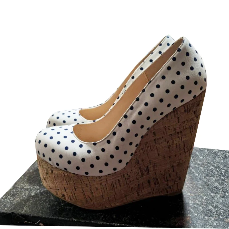 

DIZHUANG Модные женские туфли на высоком каблуке с белой подошвой, тканевые туфли в черный горошек, высота каблука около 15 см, туфли на танкетке и платформе