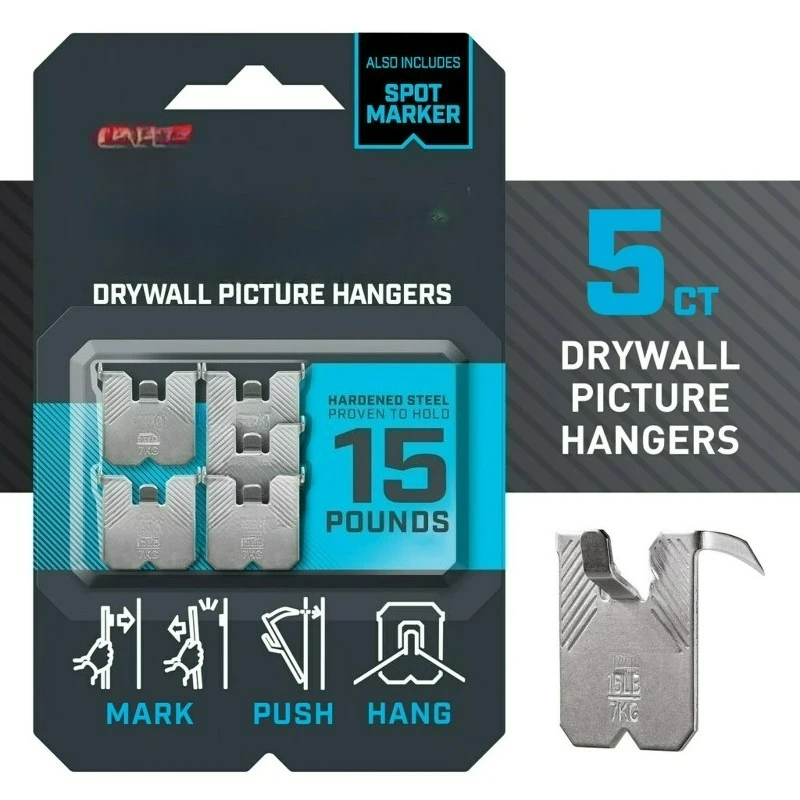 15 lb. Drywall Picture Hanger with Spot Marker, Gray, Hanging Solution for Room Decor and Office Space Decor, Including Clocks and Wall Art, 5 Wall Hangers, 5 Spot Markers
