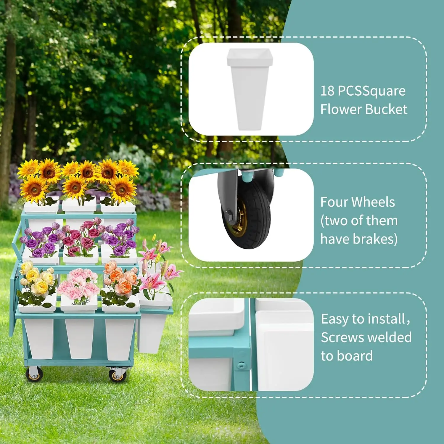 Home Storage Flower Display Stand with Wheels, Moving Florist Bouquet Shelf Flower Rack for Indoor, Outdoor Patio Garden Living