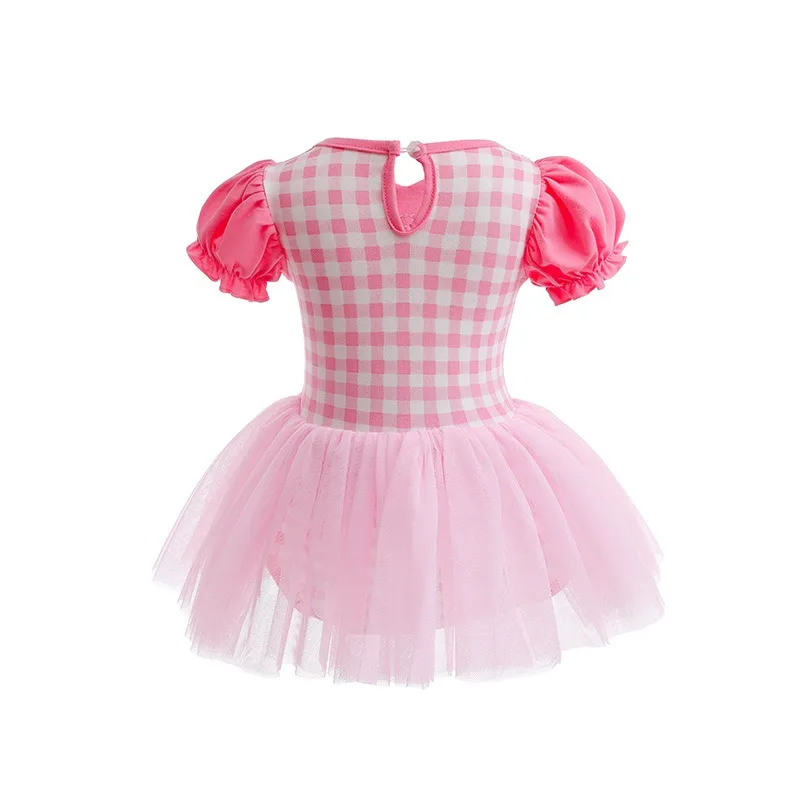 Baby Girls Tutu Summer Bodysuit with Bow Headband Puff Sleeve Plaid Romper Dress for Toddler Birthday Photo Shoot K1275