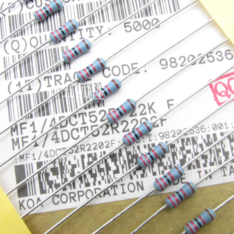 10-100pcs imported 1/4W 22K MF1/4DCT52R2202F metal film color ring resistor