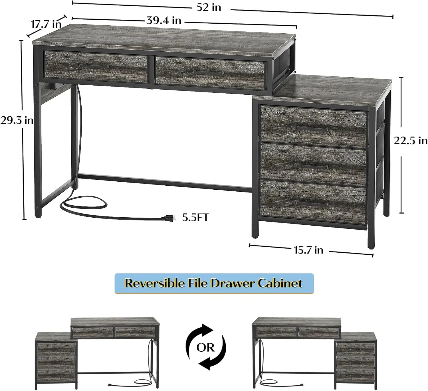 Computer tisch mit 5 Schubladen, mit Steckdosen und USB-Ladeans chl üssen, robuster Schreibtisch mit Akten schrank Druckerst änder