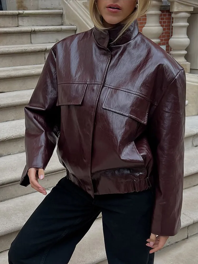 Women Casual Sequin Leather Jacket Fashion Solid Stand Collar Full Sleeve Short Loose Coat 2025 Autumn Daily Commute Office Wear