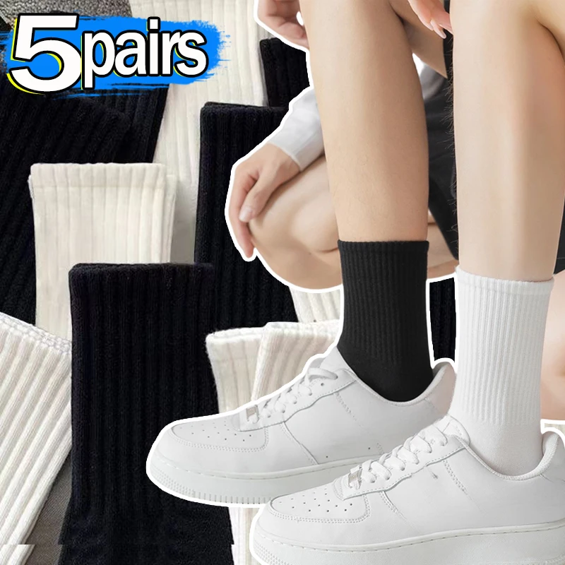 

1-5Pairs Cotton Feel Sports Socks Men Women Anti Slip Quick Dry Mid Tube Black White Anti Odor Breathable Gym Running Sports Sox