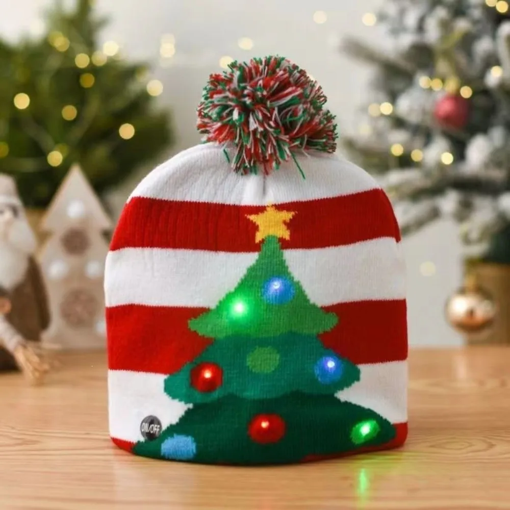 Winter Warm LED Christmas Hats Santa Xmas Light Up Beanie Colorful Cartoon New Year Cap New Year Celebration
